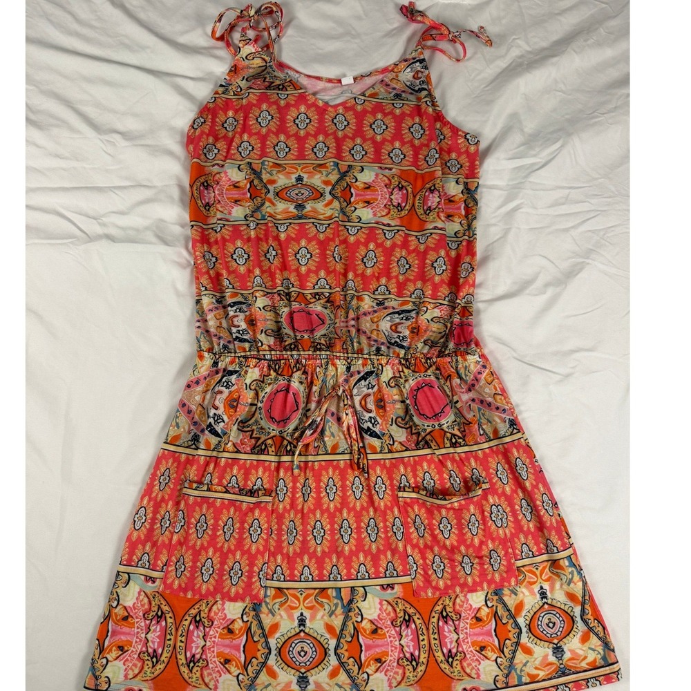 Boho Medallion Print Sundress Orange Pink Paisley Pocket Elastic Waist Large